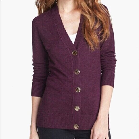 Tory Burch Simone Button-Front Wool Cardigan in Purple - Size XS - Picture 1 of 8